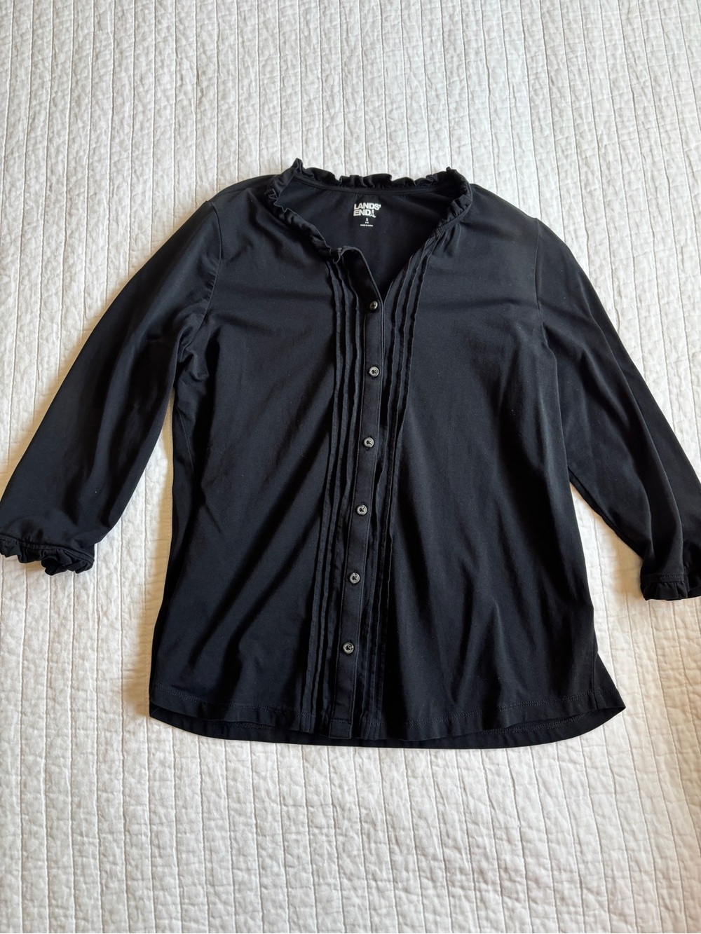 Lands' End Black Ruffle-Trim Button Front Blouse